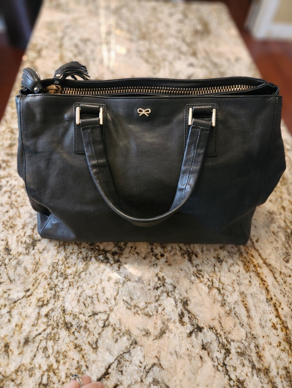 Anya Hindmarch Handbag Black Leather Ebury Satchel Tote w/ Crossbody Purse EUC